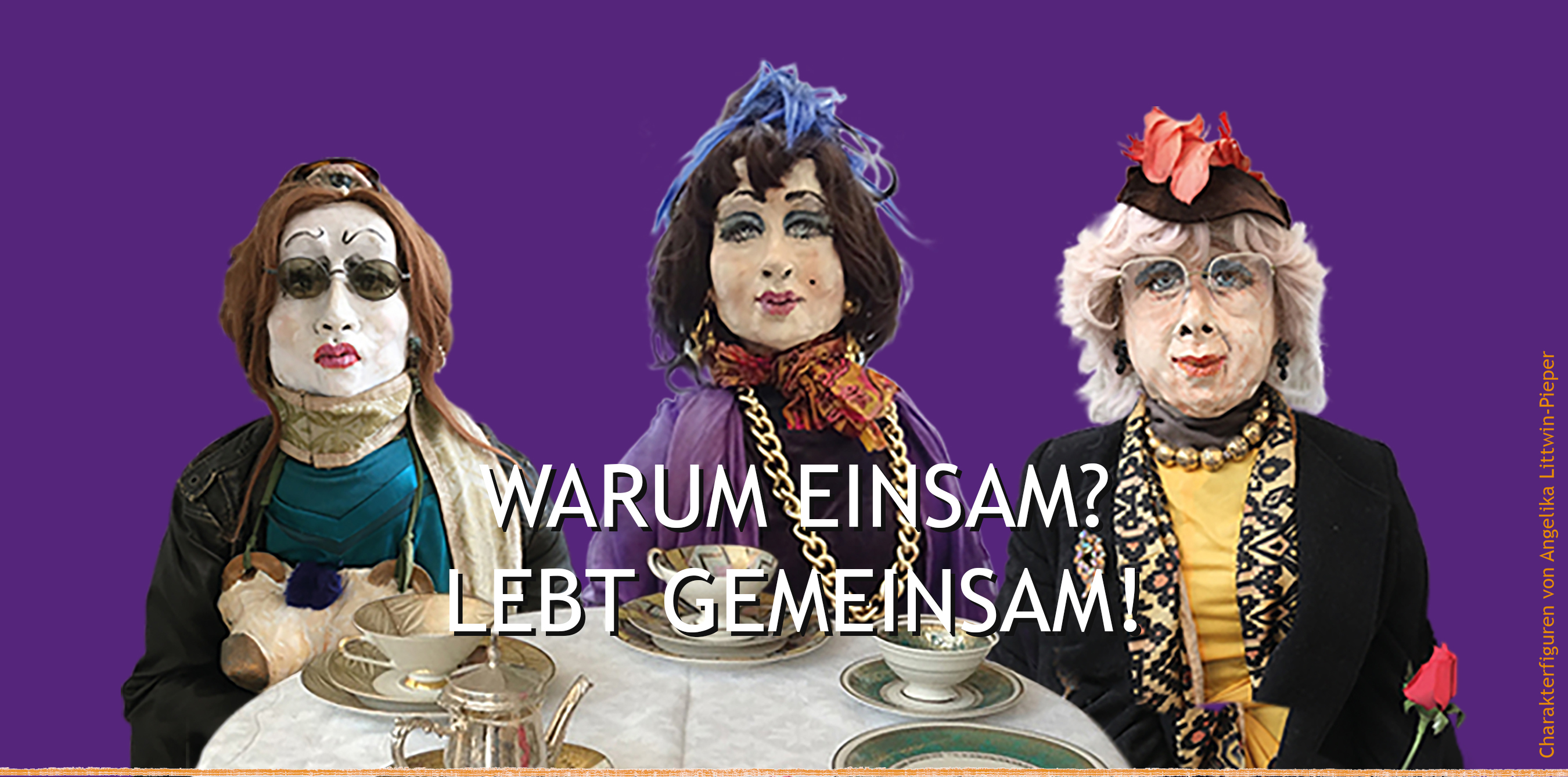 Lebensgroße Puppen: 3 alte elegant gekleidete Damen mit Hut sitzen an einem Kaffeetisch